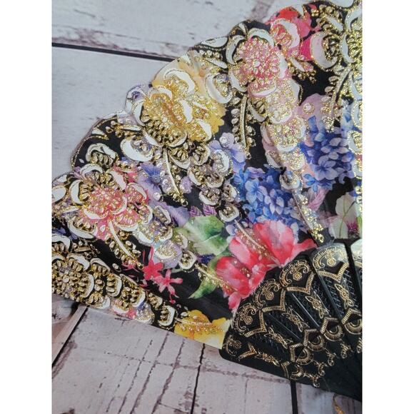 Beautiful Floral Gold Accents Black Lace Womens Fan Vintage Collectible - Picture 4 of 7